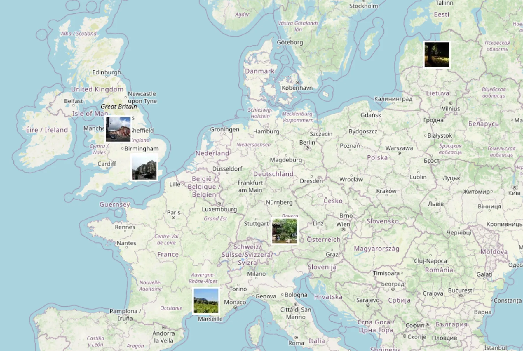 A screenshot of the map view from the demo from some example photos across Europe.