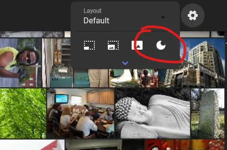 A screenshot showing a dark mode toggle button in the application's user interface. The button is circular, with a crescent moon icon inside, and highlighted with a red circle for emphasis. It sits within a dropdown menu labelled 'Layout', currently set to 'Default'. Below the dropdown are several other layout icons.