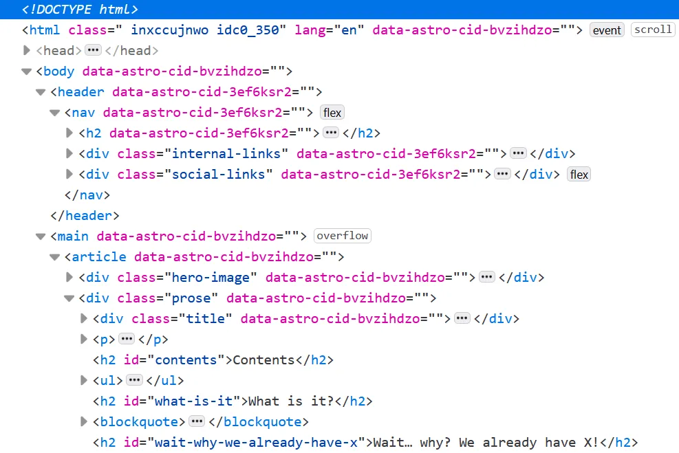 Clean, semantic HTML output generated by Astro from Markdown source Screenshot showing clean HTML structure in browser inspector with minimal divs and many semantic elements