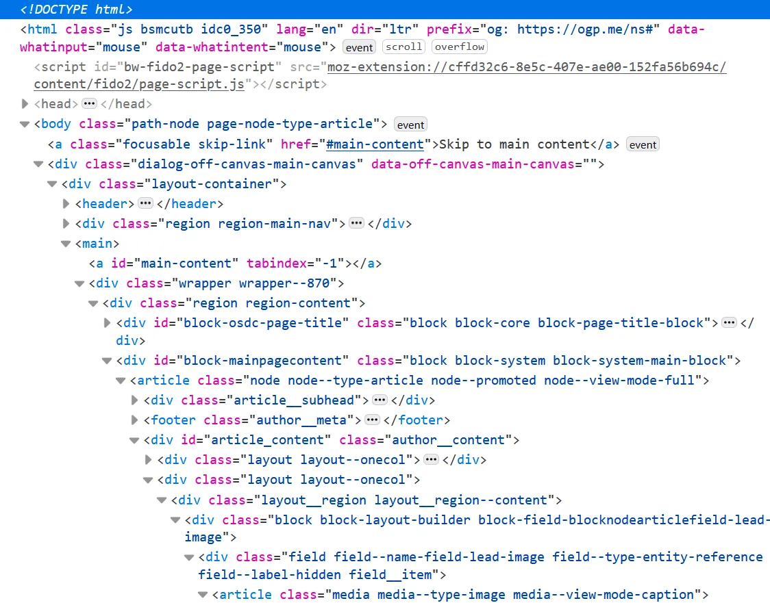 Drupal wins nesting by none of the content even being in the screenshot. No, not even if I scroll down a bit. Screenshot of Drupal's HTML output showing numerous wrapper elements
