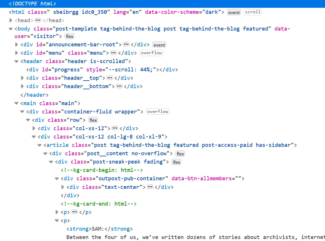 Ghost's HTML output with quite a few divs and classes Screenshot of Ghost's HTML output showing nested div structures