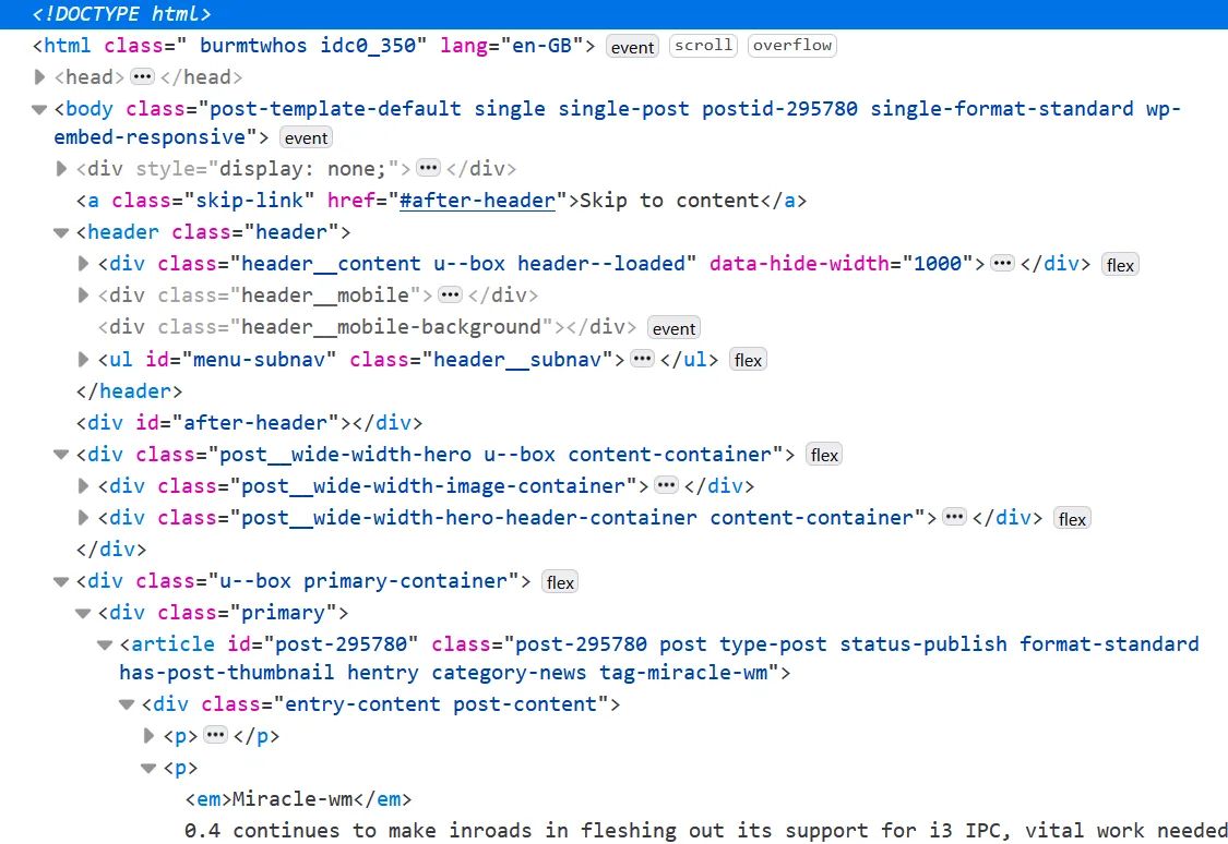 WordPress tries to win the dasholympics Screenshot of WordPress HTML output with complex div hierarchy