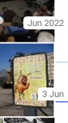 A cropped screenshot showing a grid layout of photos with the new scrollbar on the side. The top row has a photo with the text 'Jun 2022' overlaid on it. In the center there is a cartoonish drawing of a person wearing a hat and orange clothing, alongside the date '3 Jun'. The bottom row shows another cropped image.