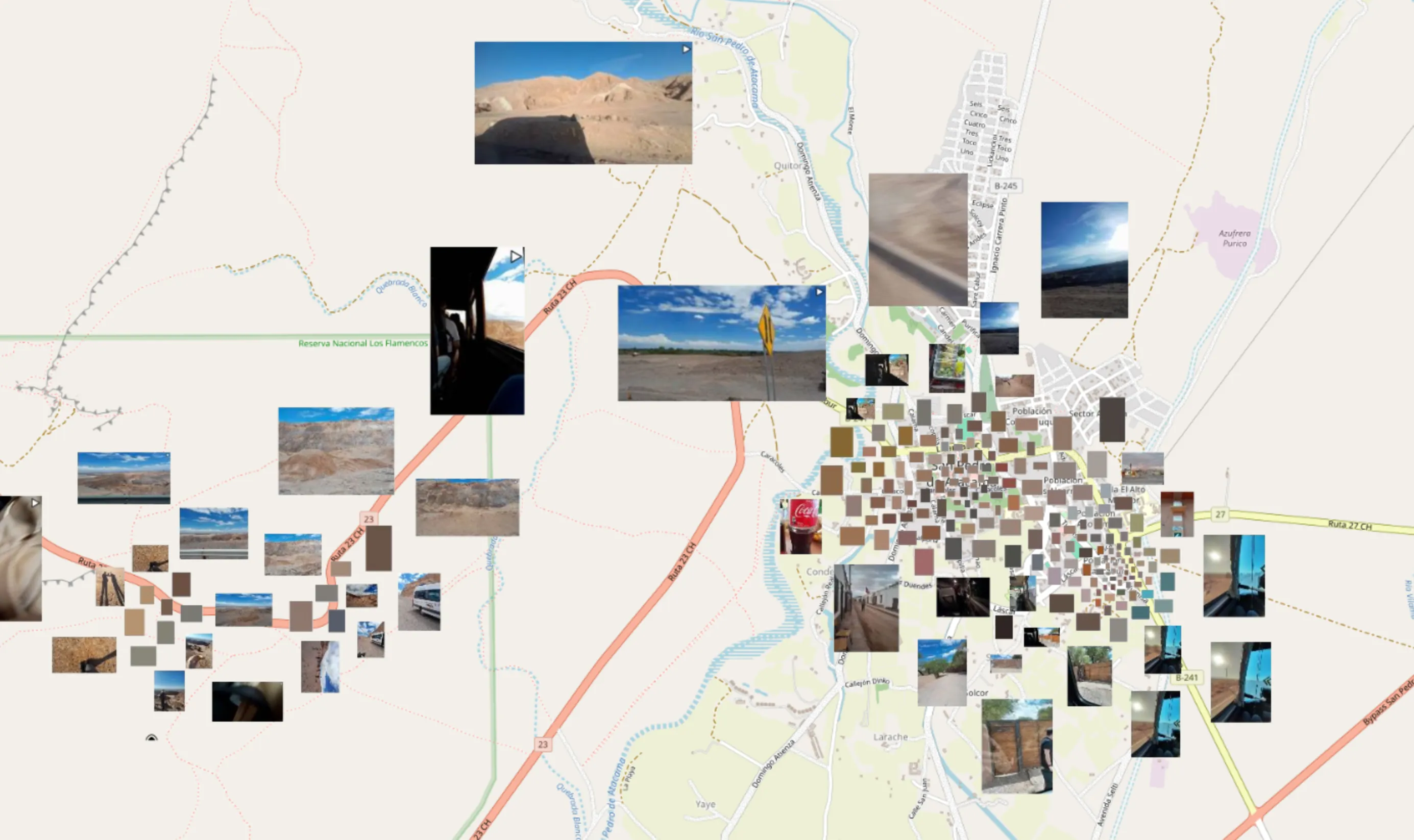 Screenshot of the map view showing some photos on top of the Atacama desert